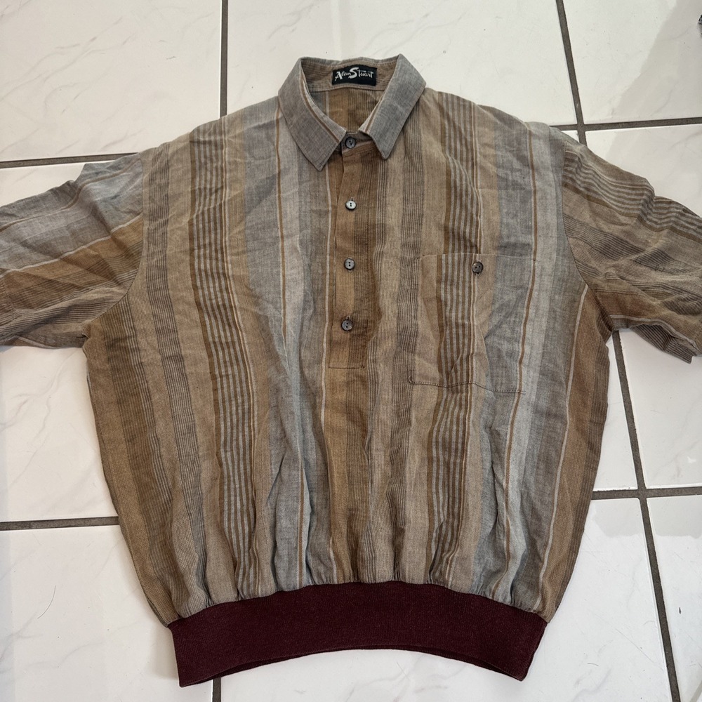 Vintage Alan Stuart Polo Men's Size S 24x24 Banded Made in USA Striped Jacquard